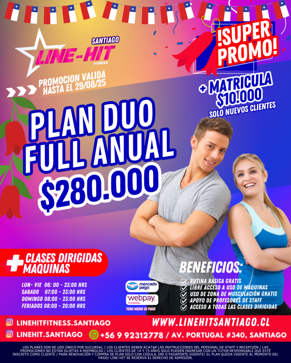 Socios Nuevos/ PROMO PLAN DUO FULL ANUAL $280.000 + MATRICULA $10.000 por persona(Sede Santiago)